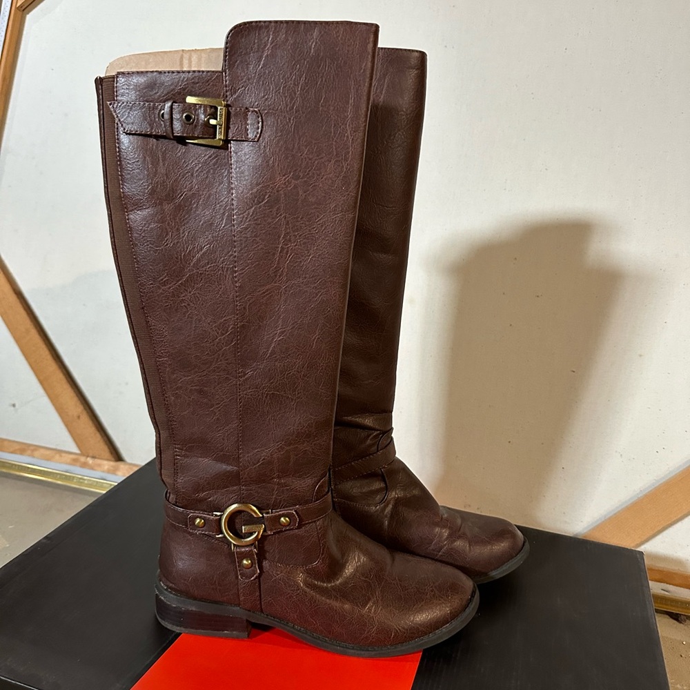 G by Guess Hustle Knee High Brown Logo Riding Boots